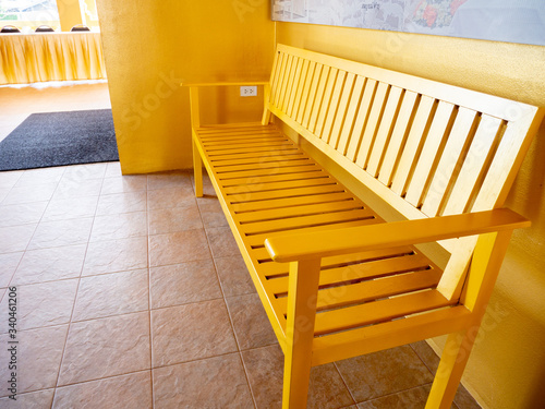 Bench wooden sitting relax in garden park.Furniture Chair outdoor couple.