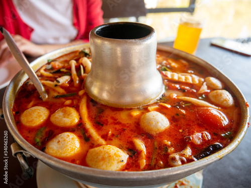 Thai tom yum soup, Thailand food soup with Shrimp and squid with curry coconut milk.Asian food delicious cooking