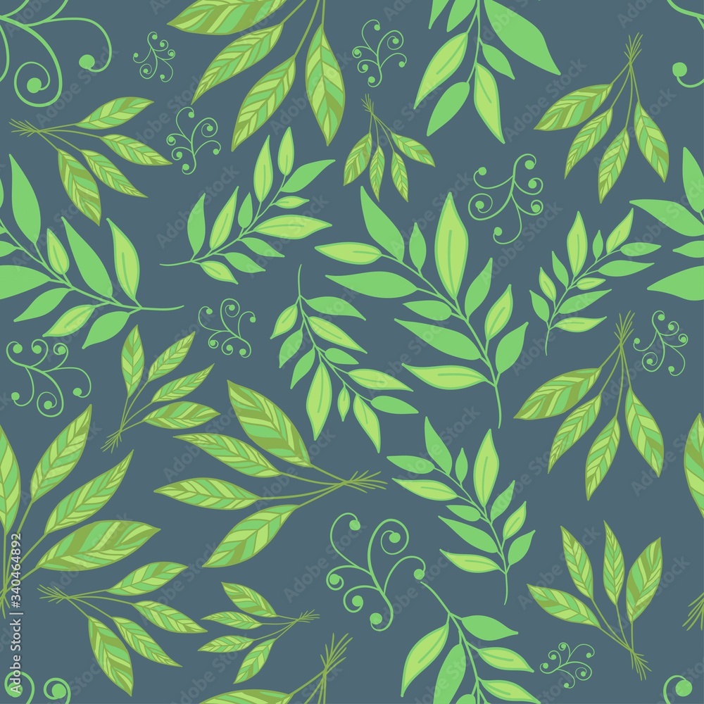 Leaves and floral hand-drawn seamless pattern. Foliage and leaf branches on dark green background. Vector illustration. Leaves and floral hand-drawn seamless pattern. Foliage and leaf branches on dark green background. Vector illustration.