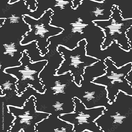 Abstract destroyed stars seamless pattern on black background. Rough star shapes elements wallpaper.