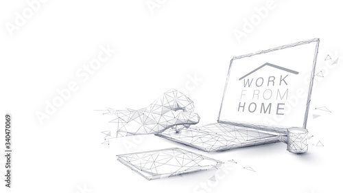 Man hands using laptop. Working from home concept. Home office in covid-19 crisis. Low poly vector