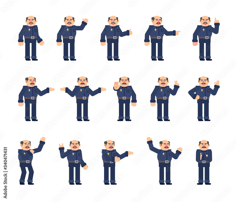 Set of policeman characters showing various hand gestures. Old police officer pointing, showing thumb up, victory sign and other gestures. Flat design vector illustration