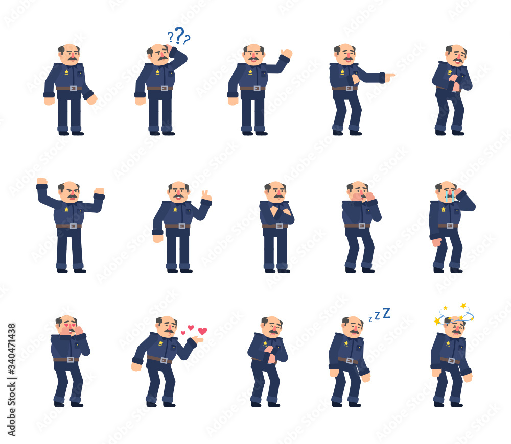 Set of policeman characters showing various emotions, expressions. Old police officer laughing, crying, tired, sleeping and showing other emotions. Flat design vector illustration