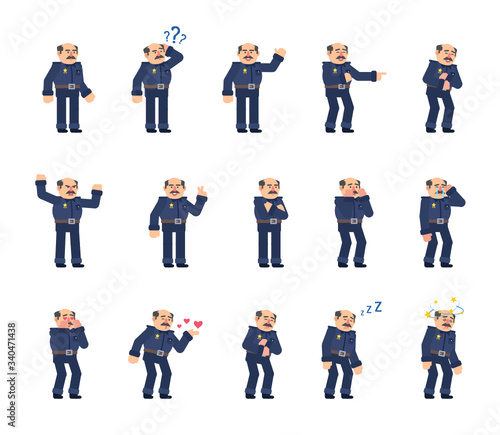Set of policeman characters showing various emotions, expressions. Old police officer laughing, crying, tired, sleeping and showing other emotions. Flat design vector illustration © paper_owl