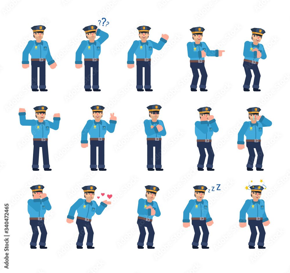 Set of policeman characters showing various emotions, expressions. Young police officer laughing, crying, tired, sleeping and showing other emotions. Flat design vector illustration