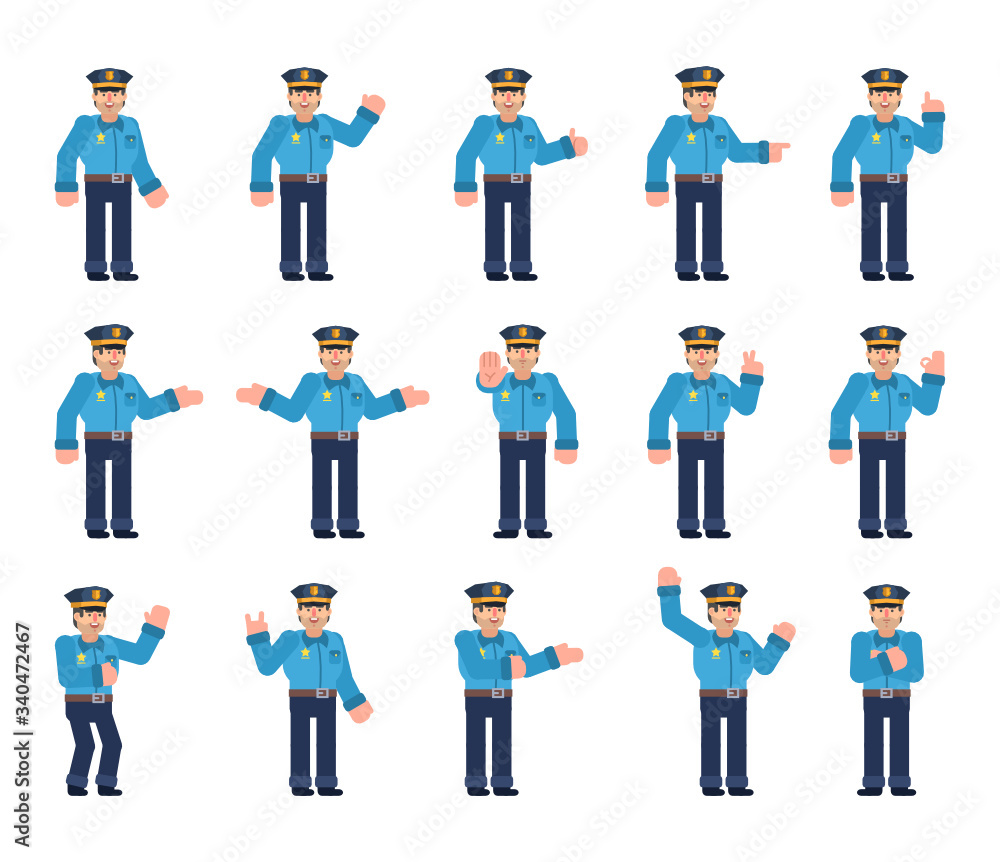Set of policeman characters showing various hand gestures. Young police officer pointing, showing thumb up, victory sign and other gestures. Flat design vector illustration Set of policeman characters showing various hand gestures. Young police officer pointing, showing thumb up, victory sign and other gestures. Flat design vector illustration