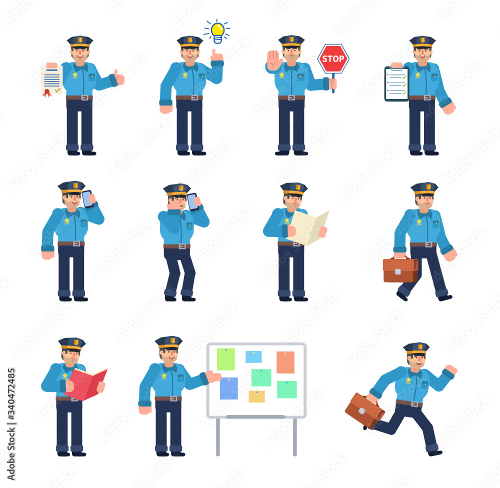 Set of policeman characters showing various actions. Police officer in blue shirt holding stop sign, document, clipboard, running, walking and other actions. Flat design vector illustration