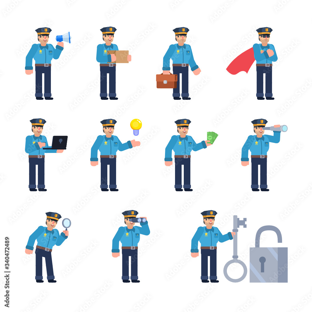Set of policeman characters in various situations. Police officer in blue shirt holding megaphone, laptop, magnifier, carrying box and showing other actions. Flat design vector illustration Set of policeman characters in various situations. Police officer in blue shirt holding megaphone, laptop, magnifier, carrying box and showing other actions. Flat design vector illustration