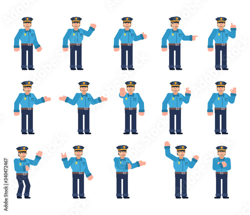 Set of policeman characters showing various hand gestures. Young police officer pointing, showing thumb up, victory sign and other gestures. Flat design vector illustration