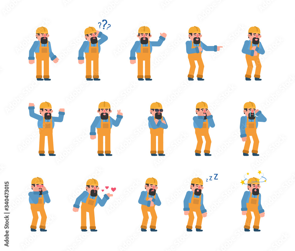 Set of bearded construction worker showing various emotions. Old builder crying, laughing, happy, tired, angry and showing other expressions. Flat design vector illustration