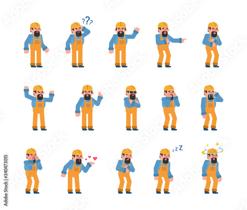 Set of bearded construction worker showing various emotions. Old builder crying  laughing  happy  tired  angry and showing other expressions. Flat design vector illustration