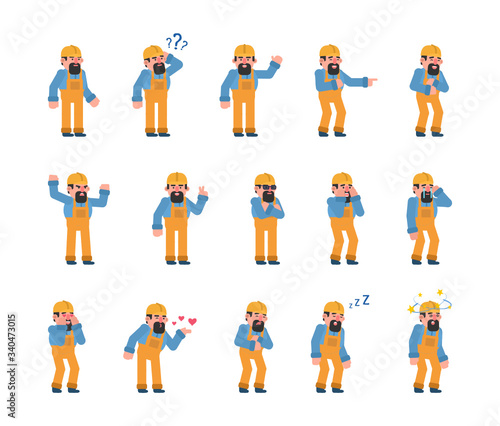 Set of bearded construction worker showing various emotions. Old builder crying, laughing, happy, tired, angry and showing other expressions. Flat design vector illustration
