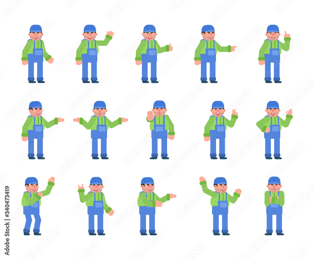 Set of worker characters showing various hand gestures. Builder or mechanic in blue overalls pointing, showing thumb up, victory sign and other gestures. Flat design vector illustration