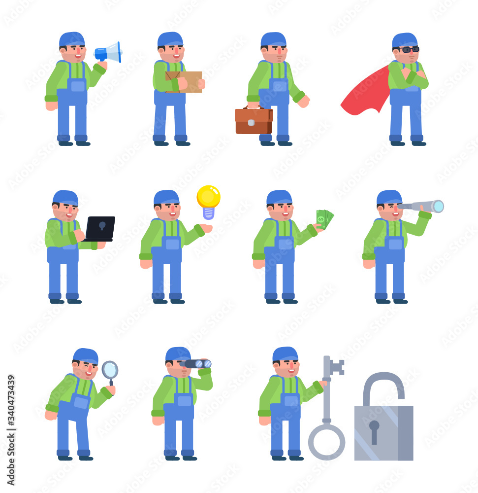 Set of worker characters showing various actions. Worker holding delivery box, megaphone, laptop, magnifying glass and showing other poses. Flat design vector illustration