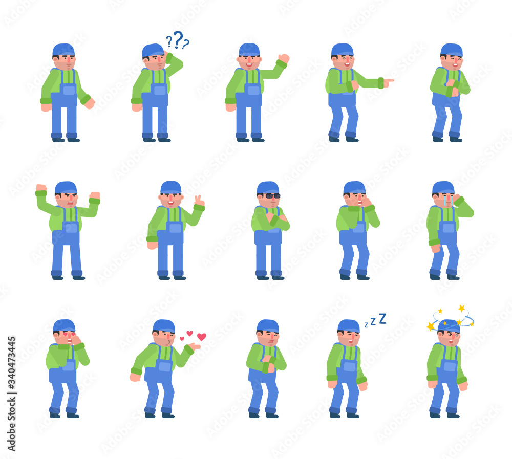 Set of construction worker characters showing various emotions. Mechanic or worker crying, laughing, happy, tired, angry and showing other expressions. Flat design vector illustration Set of construction worker characters showing various emotions. Mechanic or worker crying, laughing, happy, tired, angry and showing other expressions. Flat design vector illustration