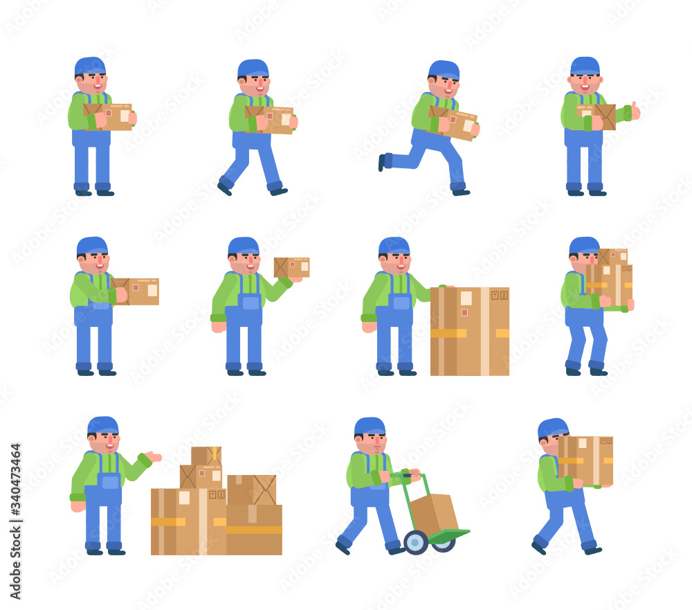 Set of delivery service worker posing with parcel box. Courier or carrier holding delivery box, running, walking and showing other actions. Flat design vector illustration