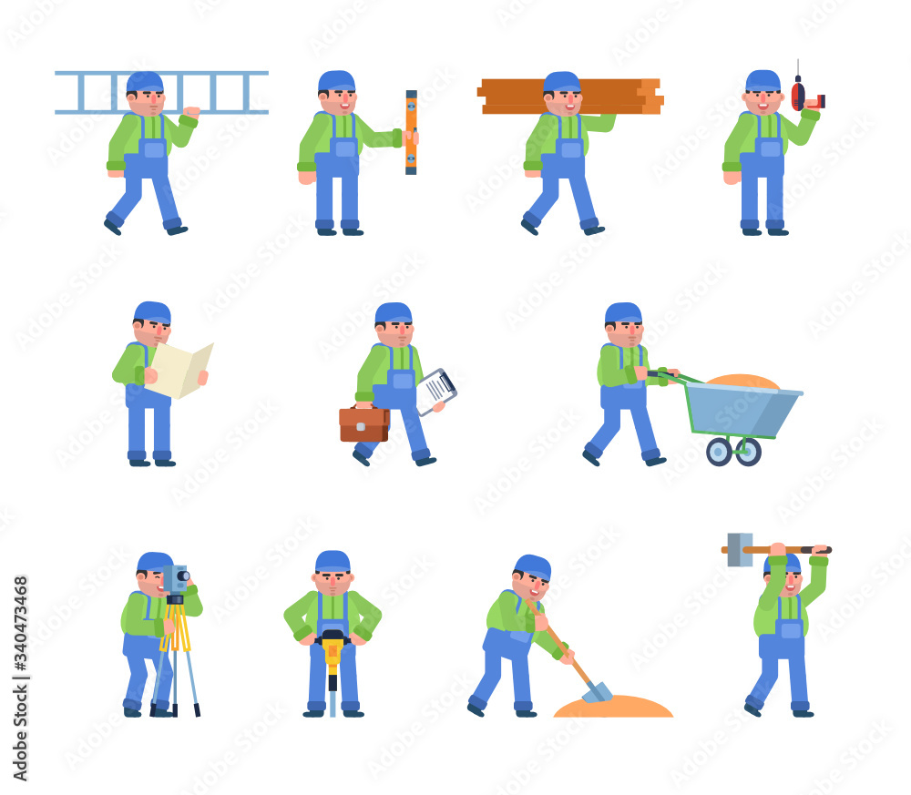Set of construction worker characters showing various actions. Builder or worker holding ladder, wooden blocks, hammering, digging and showing other actions. Flat design vector illustration Set of construction worker characters showing various actions. Builder or worker holding ladder, wooden blocks, hammering, digging and showing other actions. Flat design vector illustration