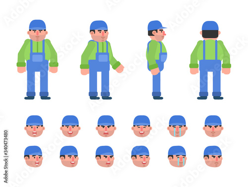 Construction worker or mechanic in blue overalls creation kit. Create your own pose or animation. Flat design vector illustration