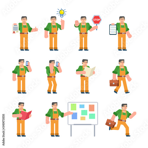 Set of worker characters showing various poses. Mechanic or builder holding stop sign  walking  talking on phone and showing other actions. Flat design vector illustration