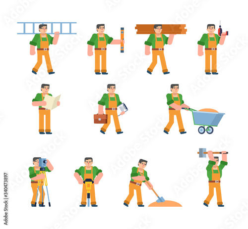 Set of construction worker characters showing various actions. Builder or worker holding ladder  wooden blocks  hammering  digging and showing other actions. Flat design vector illustration