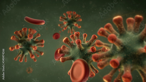 Microworld with viruses and blood cells 3D rendering illustration