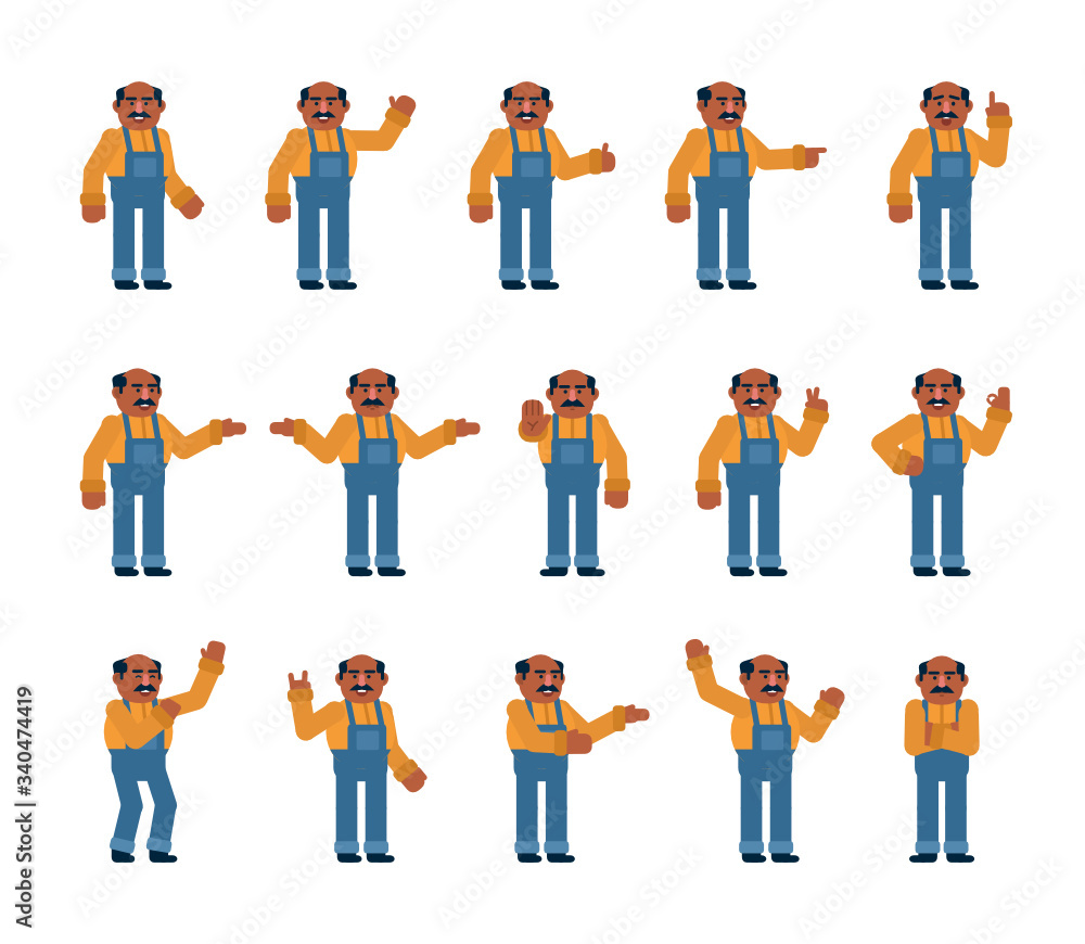 Set of old indian or black worker showing various hand gestures. Builder or mechanic in overalls pointing, showing thumb up, victory sign and other gestures. Flat design vector illustration