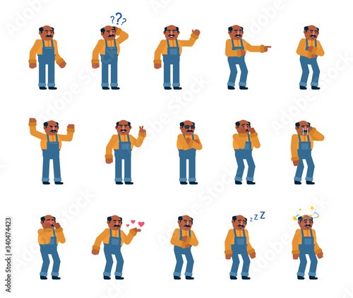Set of old indian or black construction worker showing various emotions. Mechanic or worker crying, laughing, happy, tired, angry and showing other expressions. Flat design vector illustration