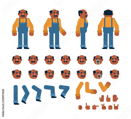 Old construction worker or mechanic creation kit. Create your own pose or animation. Flat design vector illustration