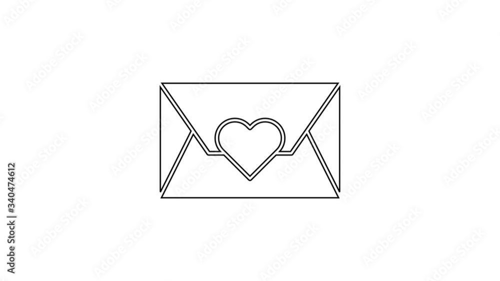 Black line Envelope with Valentine heart icon isolated on white background. Message love. Letter love and romance. 4K Video motion graphic animation Black line Envelope with Valentine heart icon isolated on white background. Message love. Letter love and romance. 4K Video motion graphic animation