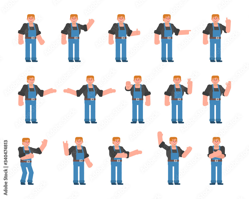 Set of worker characters showing various hand gestures. Mechanic or builder pointing, showing thumb up, victory sign and other gestures. Flat design vector illustration