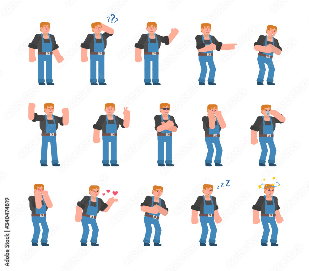 Set of construction worker characters showing various emotions. Mechanic or worker crying, laughing, happy, tired, angry and showing other expressions. Flat design vector illustration