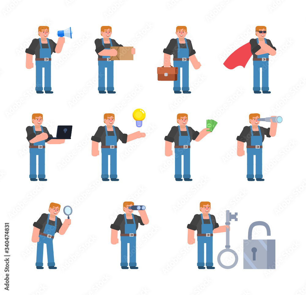 Set of construction workers showing various poses. Mechanic or builder holding megaphone, big key, laptop, idea and showing other actions. Flat design vector illustration