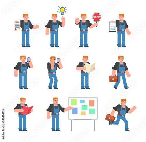 Set of worker characters showing various poses. Mechanic or builder holding stop sign, walking, talking on phone and showing other actions. Flat design vector illustration