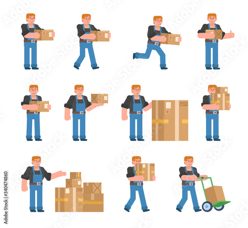 Set of worker characters posing with parcel box. Courier or carrier holding delivery box, running, walking and showing other actions. Flat design vector illustration