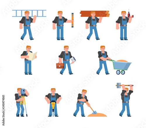Set of construction worker characters showing various actions. Builder or worker holding ladder, wooden blocks, hammering, digging and showing other actions. Flat design vector illustration