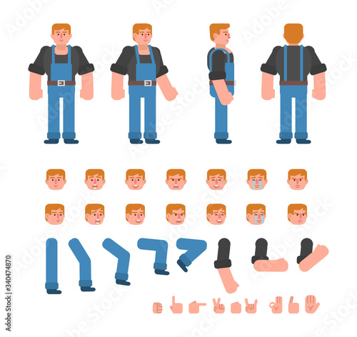 Construction worker or mechanic in blue overalls creation kit. Create your own pose or animation. Flat design vector illustration