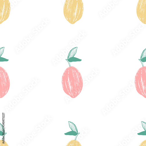 Fototapeta Naklejka Na Ścianę i Meble -  Pastel lemon seamless repeat pattern, bright colorful summer hand-drawn fabric, card, wrapping paper, gift