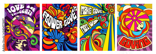 Set of four bright psychedelic Love themed posters with modern abstract patterns and assorted text, vector illustration