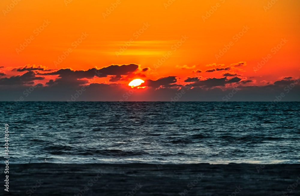 sunset on the sea, sea, sun, red, orange, clouds, beach, horizon, waves, landscape, dusk, evening