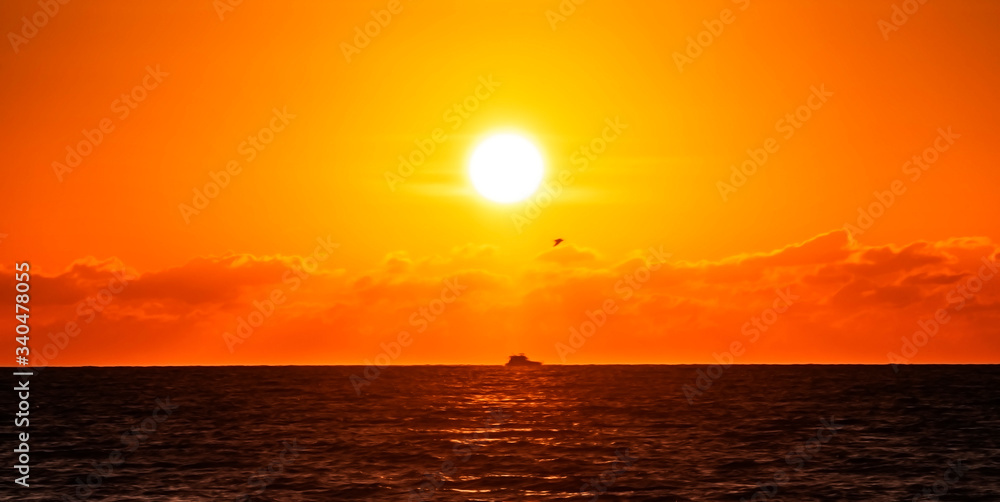 silhouette of a boat in the sunset, sun, sea, ocean, orange, yellow, summer, golden, clouds, 