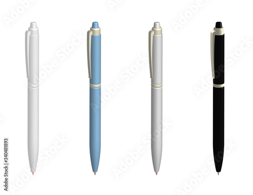 realistic ballpoint pens in various colors. Design element. Isolated vector on white background