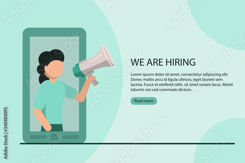 We are hiring concept poster. Woman with megaphone announces vacancy from mobile screen. Stock flat vector illustration