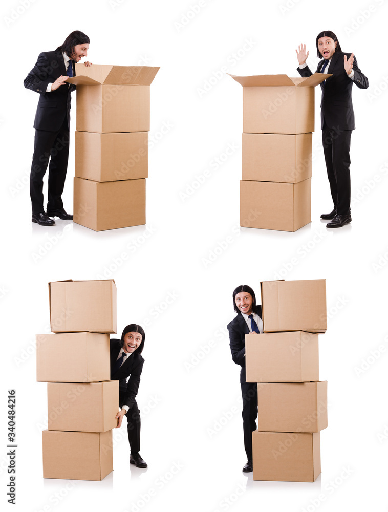Funny man with boxes on white Funny man with boxes on white