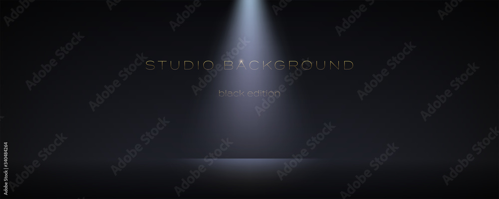 Plakat Black empty room with one spotlight. Dark studio can used for background and display brand or product. Black edition. Vector 3d illustration