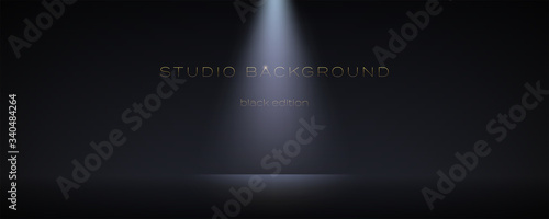 Black empty room with one spotlight. Dark studio can used for background and display brand or product. Black edition. Vector 3d illustration