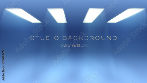 Blue empty hall lit by lamps on the ceiling. Soft gradient from the rays of the searchlight. Blue studio for display brand or product. Vector background, 3d illustration