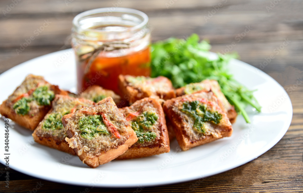 Fried toasts with Minced Pork Spread with chili sauce (Thai Pork Toast) . Toasts Menu for children. Fried toasts with Minced Pork Spread with chili sauce (Thai Pork Toast) . Toasts Menu for children.
