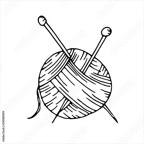 vector isolated doodle element, ball of thread and knitting needles