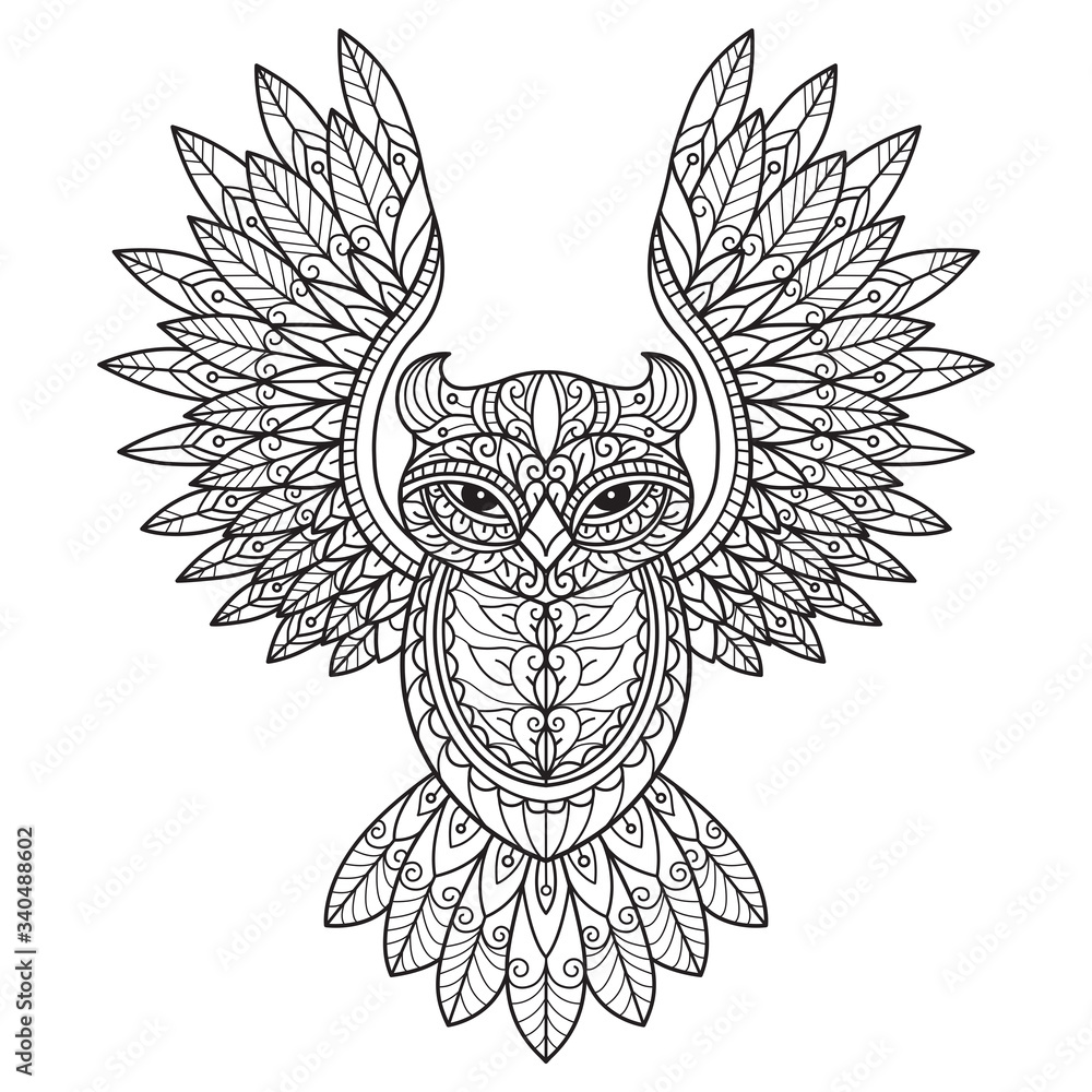 Obraz premium Flying Owl.Hand drawn sketch illustration for adult coloring book.