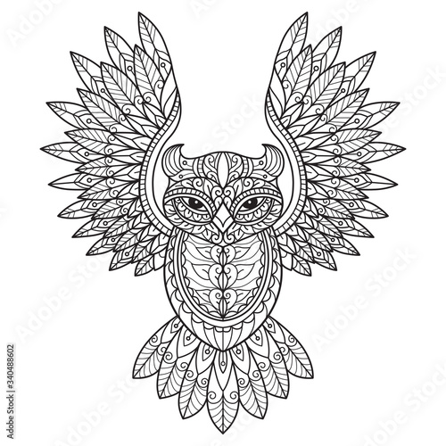 Flying Owl.Hand drawn sketch illustration for adult coloring book.